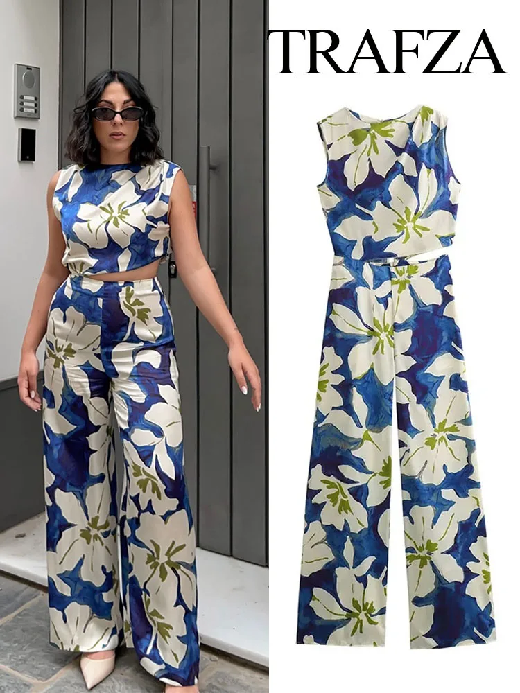 TRAFZA Spring Fashion Women Jumpsuit Floral O-Neck Sleeveless Hollow Out Decorate Zipper Female Bohemian Style Wide Leg Jumpsuit