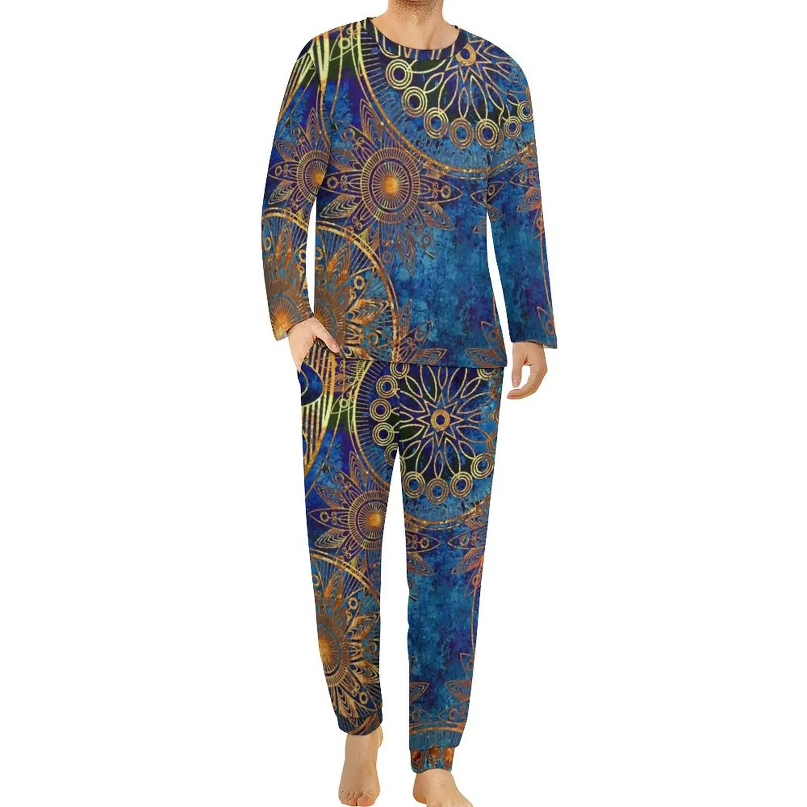 Pyjama Steampunk céleste à manches longues pour hommes, bleu, or, mandala, ensembles de pyjamas décontractés, vêtements de nuit surdimensionnés, imprimé mignon, hiver, 2 pièces