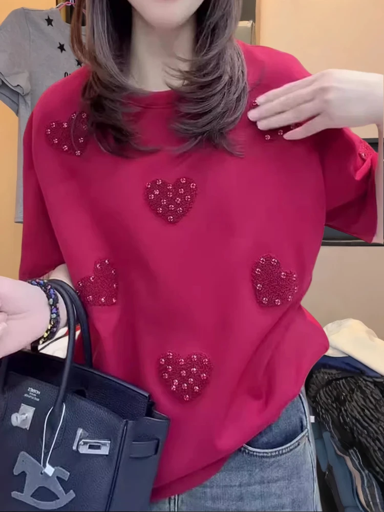 

Лето 2023, круглая футболка из чистого хлопка ort Sve, женская повседневная свободная футболка в европейском стиле с вышитым сердцем и бисером