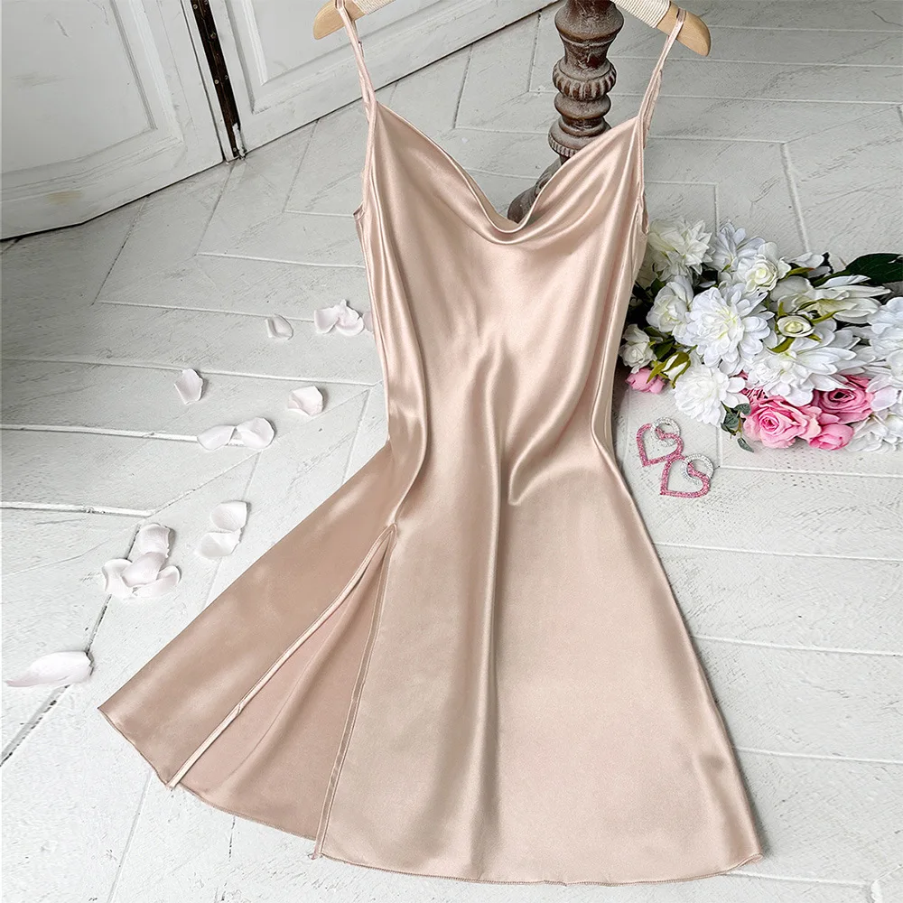 Sexy Mini Female Nightgown Sleepwear Spring Summer Silk Satin Spaghetti Strap Nightdress Chemise Sleepwear Backless Home Dress