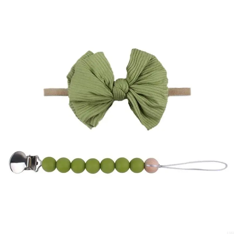 

2 Pcs Baby Pacifier Clip Chain+Bowknot Hairband Set Silicone Beads Dummy Holder L8RB