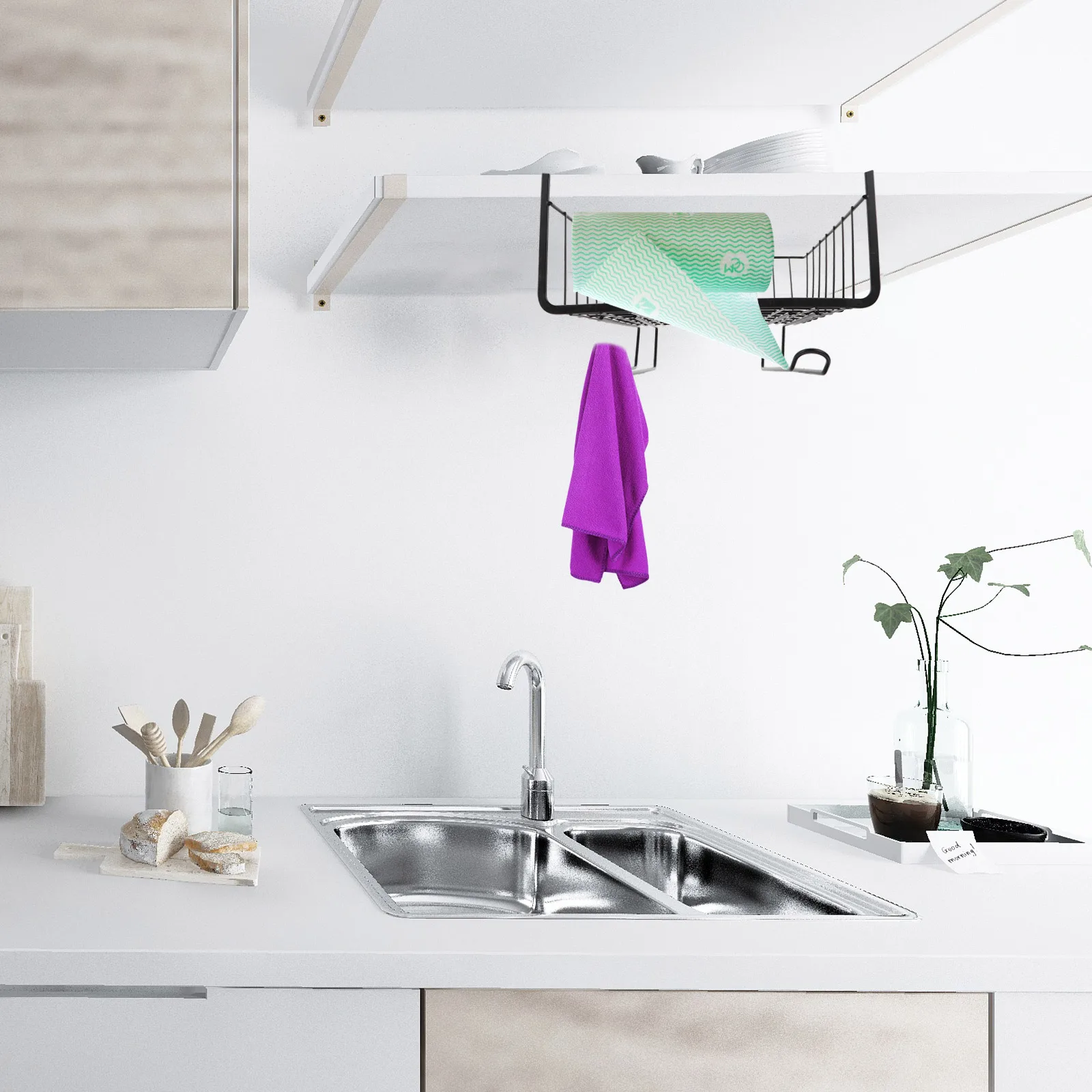 

Under Shelf Rack Basket No Drill Hooks Wire Storage Closet Cabinet Organizer Kitchen Pantry Bathroom Basket Rack