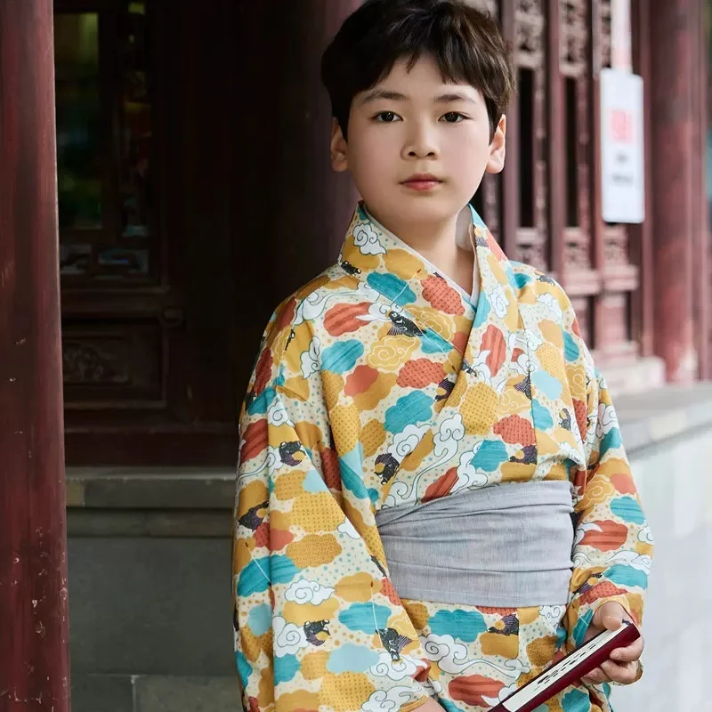 Japanese Kids Kimono With Belt Boy's Yukata Formal Dress Traditional Clothing Spring And Summer Colorful Cloud Pattern