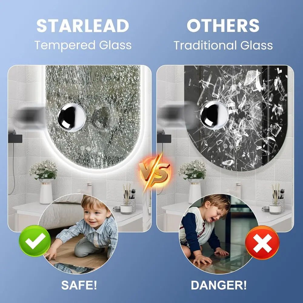 楕円形 LED バスルームミラー ライト付き 壁掛け式 Bluetooth スピーカー 曇り止め 3 色温度 調光可能な明るさ 防水