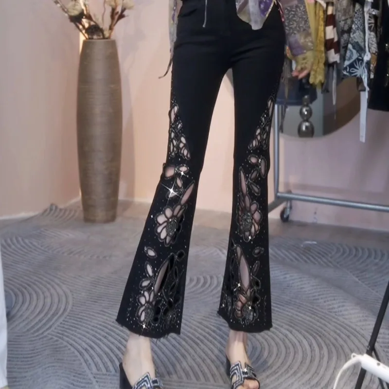 Summer 2026 New Fashion Hollowed-out Embroidered Brick Jeans for Women, High-waisted, Form-fitting 9-inch Slightly Flared Pants