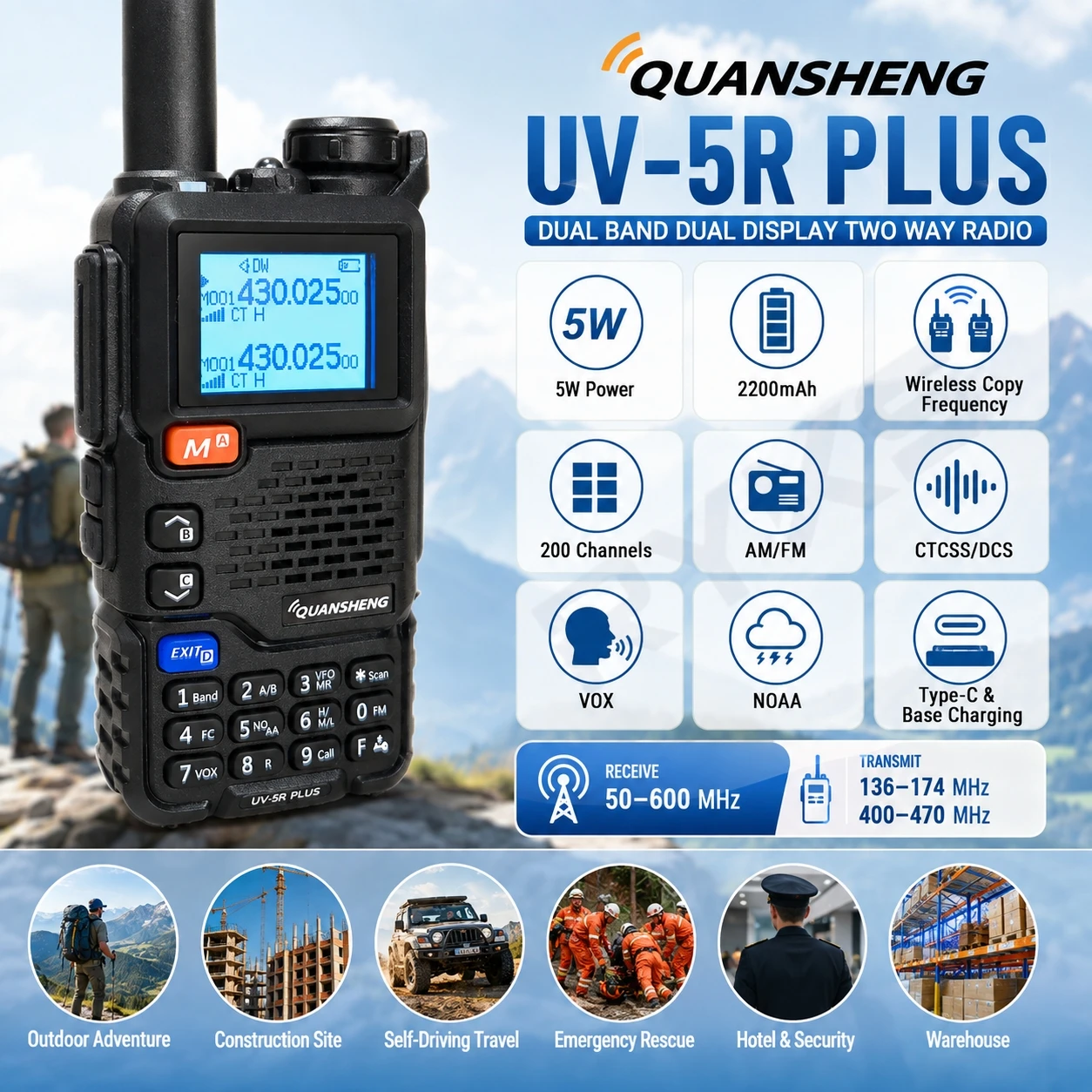 Quansheng Uv-5R Plus Walkie Talkie Dual Band Am Vhf Uhf Ham Radio For Baofeng Uv-5R Two Way Radio Outdoor Camping Hiking
