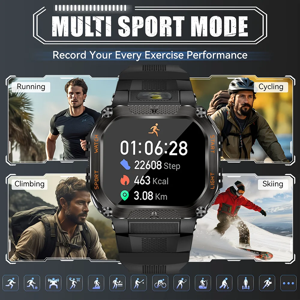 العسكرية في الهواء الطلق ساعة ذكية الرجال 3ATM مقاوم للماء البوصلة معدل ضربات القلب سوار لياقة بدنية 480 mAh مكالمة صوتية الرياضة Smartwatch 2025