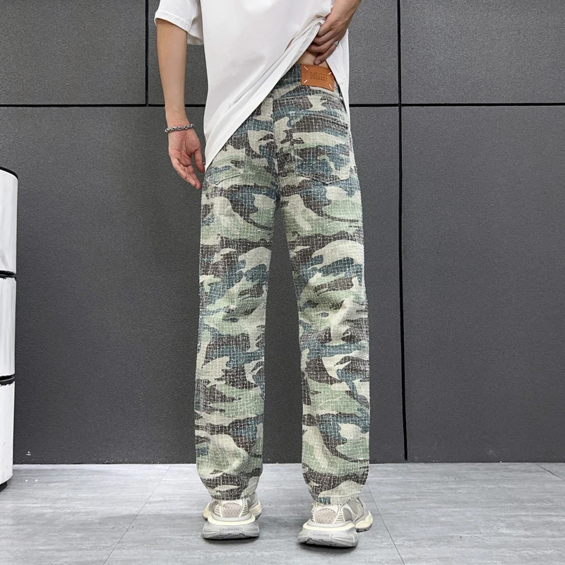 New fashionable jeans MEN'S Street camouflage loose straight leg trendy brand wide leg couple cotton casual washed denim pants