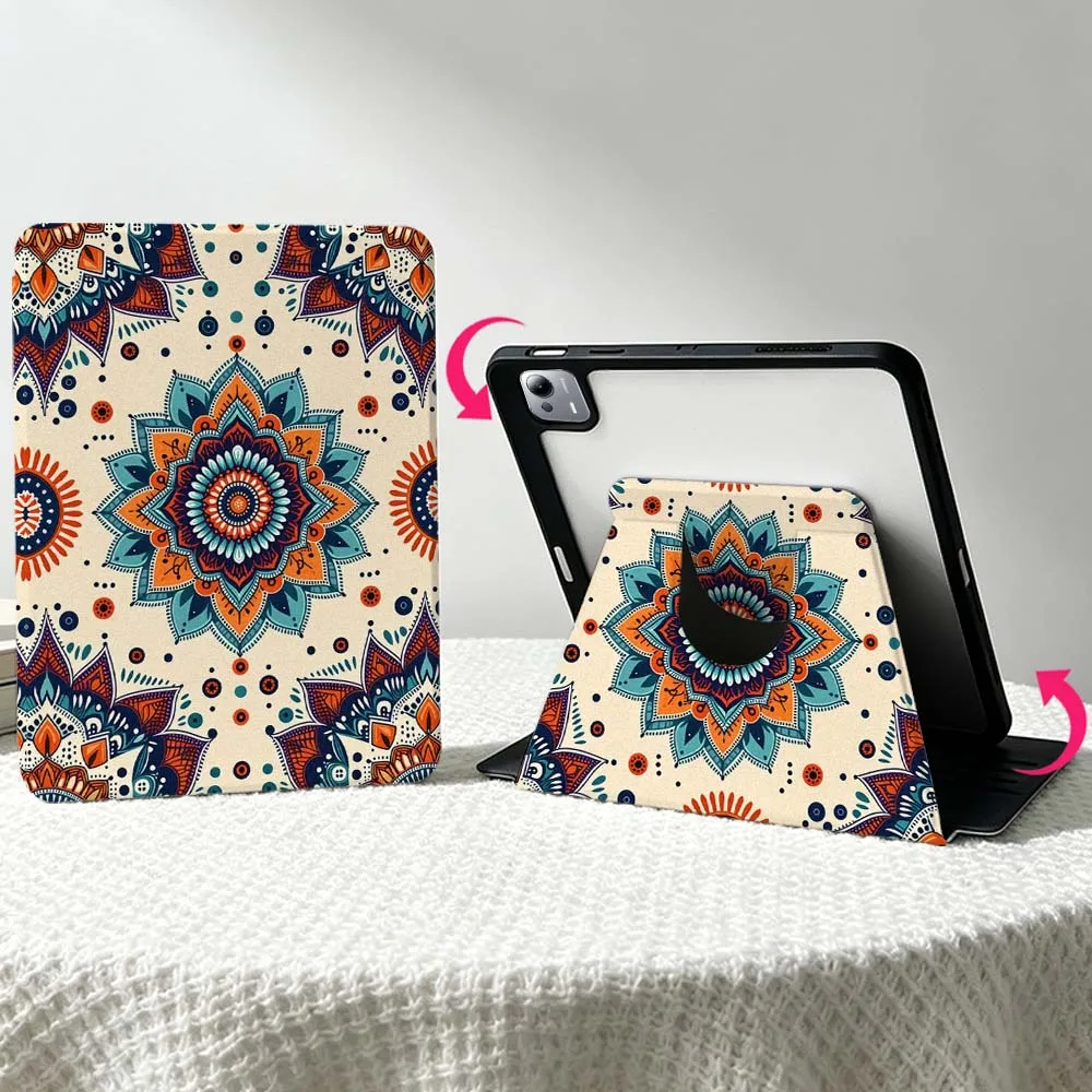 Luxurious Mandala Pattern For Xiaomi Mi Redmi Poco Pad 8 7 7S 6 6S 5 SE Pro Ultra 360° Rotation Stylus Storage Tablet Case Soft