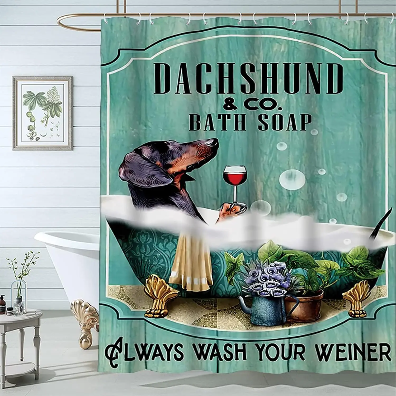 Funny Dachshund Shower Curtain, Vintage Dog Bath Art, Weiner Dog Soap Sign Decor, Waterproof Polyester Fabric
