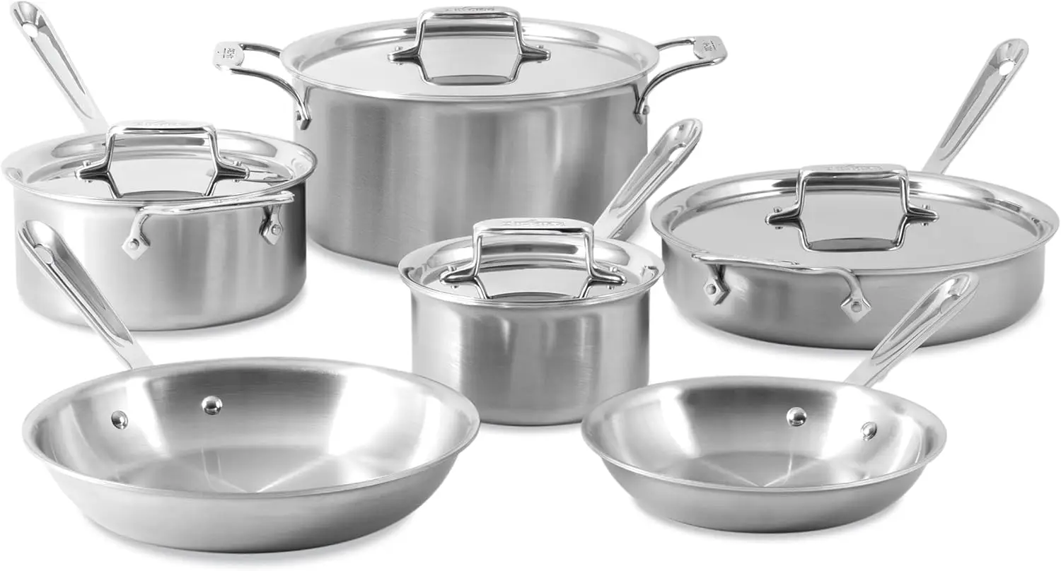 All-Clad D5 5-Ply Brushed Stainless Steel Cookware Set 10 Piece, Induction, Oven Broiler Safe 600F, Kitchen Cooking Set w/ Fryin