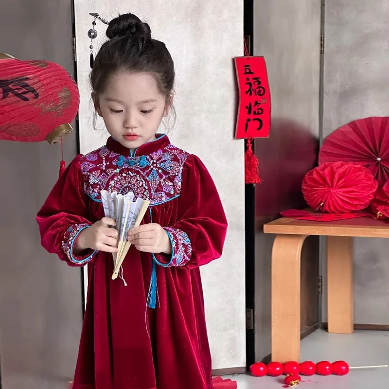 

Retro Girls Dress 2025 Autumn Winter New Children New Chinese Style Baby Red Fashion Cheongsam Dress