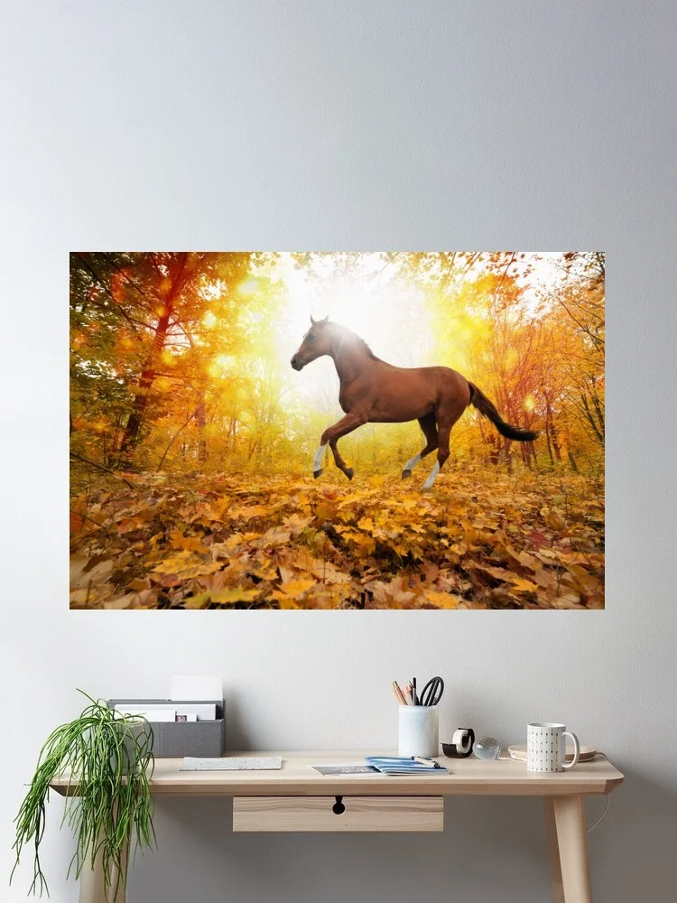 Brown horse running through autumn forest, Art Print Canvas Poster, Living Room Decor, Home Wall Picture