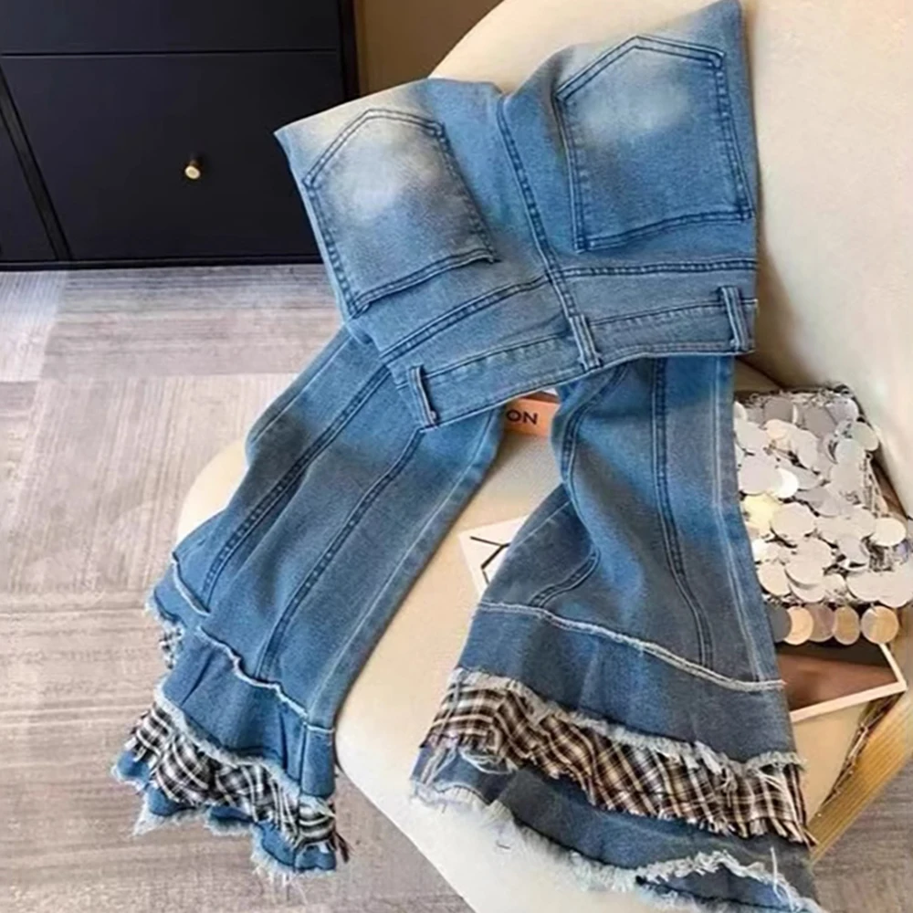 Y2K Style Slim Falred Jeans for Women Spring Autumn Fashion High Waist Plaid Patchwork Tassel Edge Denim Pants 2025 Skinny Jeans