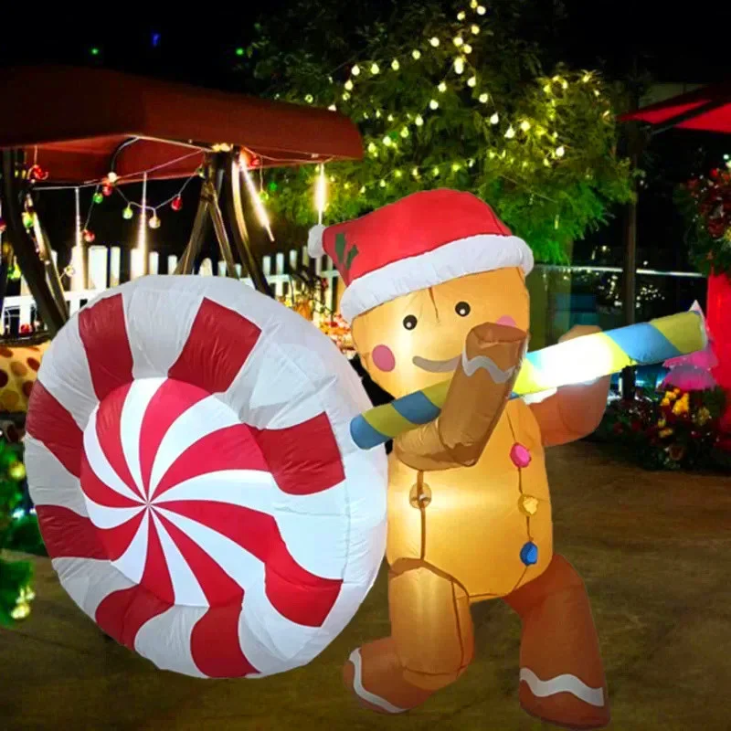 5FT Decorazione gonfiabile di Natale Giocattolo Caramelle Gingerbread Man Luci a LED integrate Giardino esterno Festival Scena di feste Decorazioni natalizie