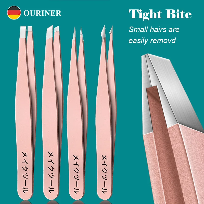 4 piece set of stainless steel tweezers, suitable for eyebrow trimming, hair removal, debris cleaning, and blackhead treatment