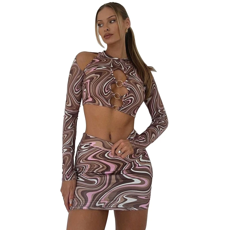 Frauen Sexy 2 stücke Outfits Langarm Kalten Schulter Hohl O-Ring Vor Ernte Top Mini Bodycon Rock Gestreiften print Clubwear