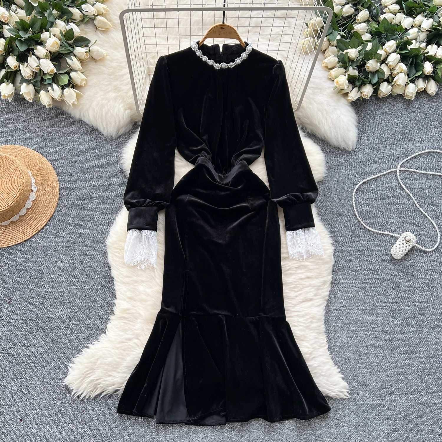 Elegant Long Sleeve Vintage O-neck Chic Rhinestone Velour Slim Mermaid Dresses French Evening High Street Autumn Winter Clothing