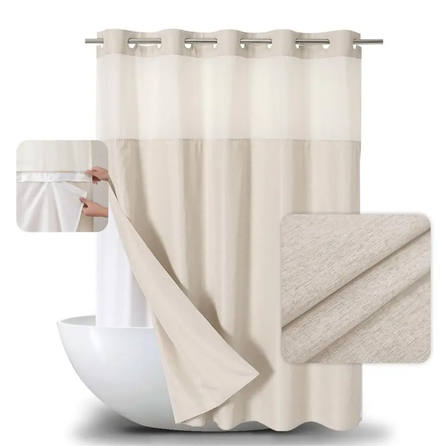 

Hooks Needed Linen Textured Shower Curtain with Snapin Fabric Liner Set,Cream Hotel Luxury Decor Shower Curtains for Bathroom,Wa