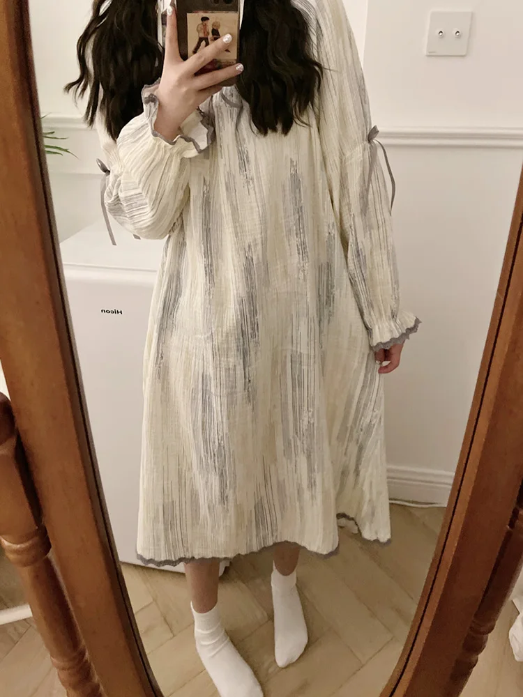 Soft Spring Gradient Summer 3Styles Pajamas Set Women Long Sleeve Casual Loose Stripe NightDress Three-piece set Short Sleeve