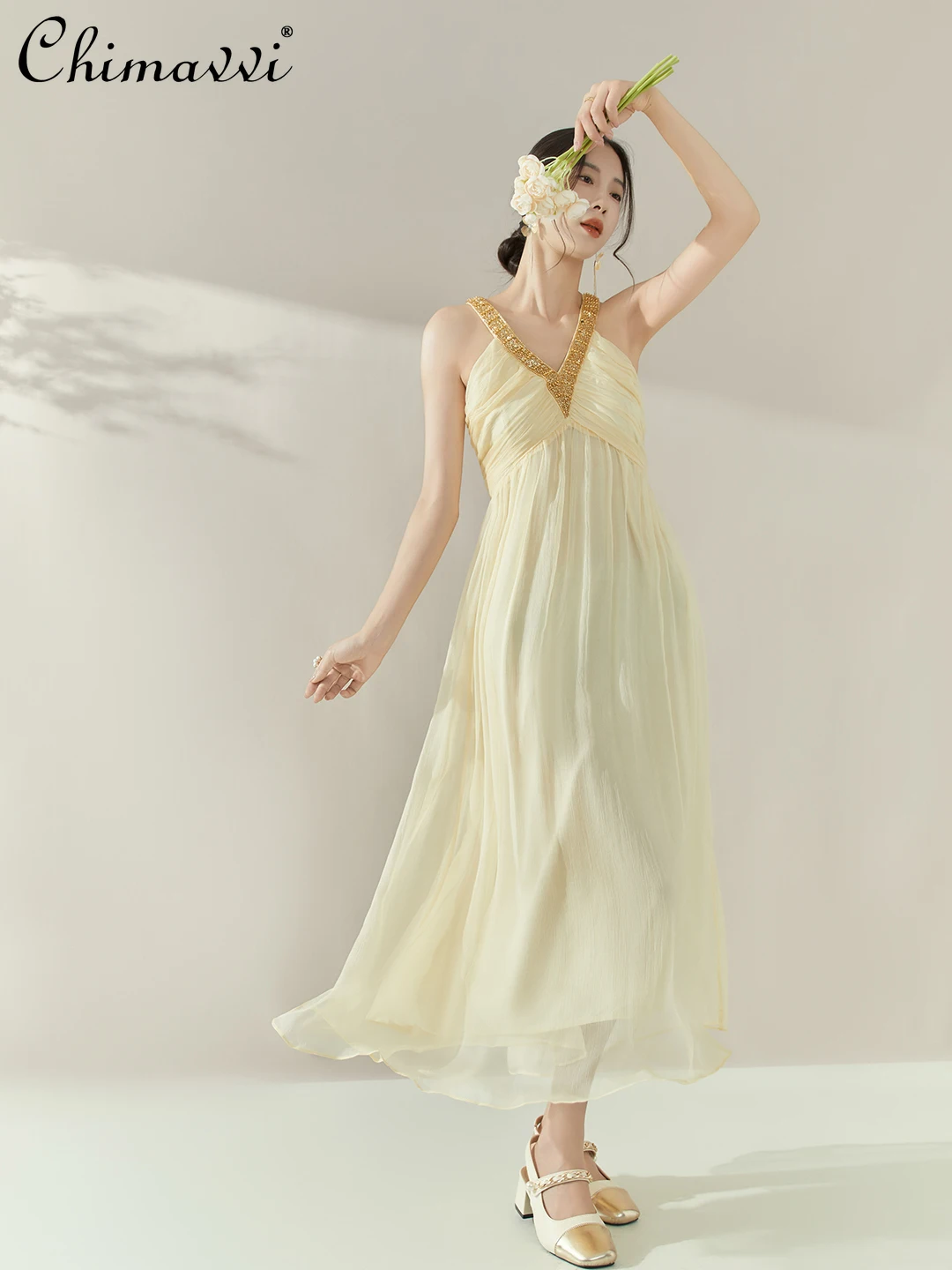 

Французские элегантные нежные милые летние пляжные платья с бисером и v-образным вырезом без рукавов с открытыми плечами, свободное трапециевидное темпераментное длинное платье для женщин