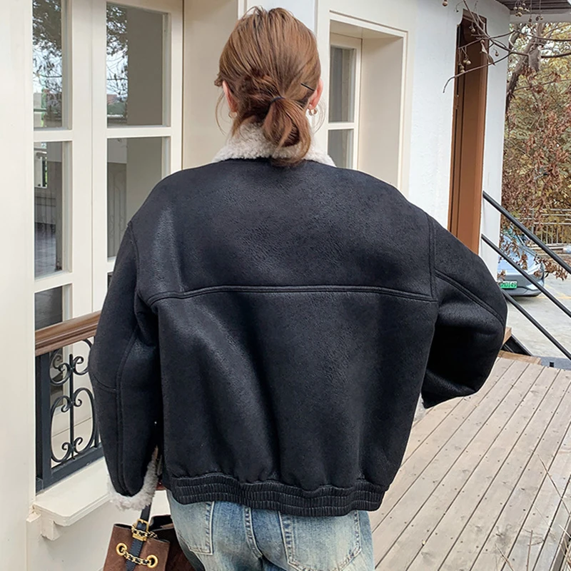 Jaqueta de inverno feminina vintage shearling lã de cordeiro casaco cor-bloco couro falso casaco de pele mulher roupas camurça topo