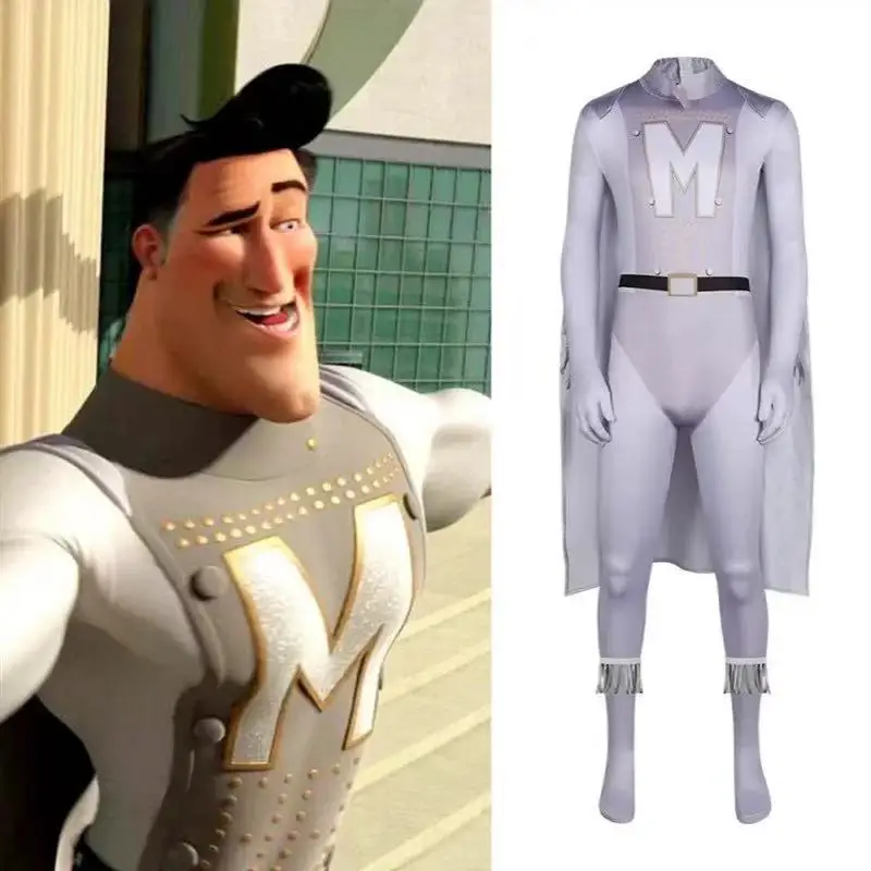 

Movie Megamind Metro Man Jumpsuit with Cloak Cosplay Costume Halloween Masquerade Carnival Party Performance Outfits for Men