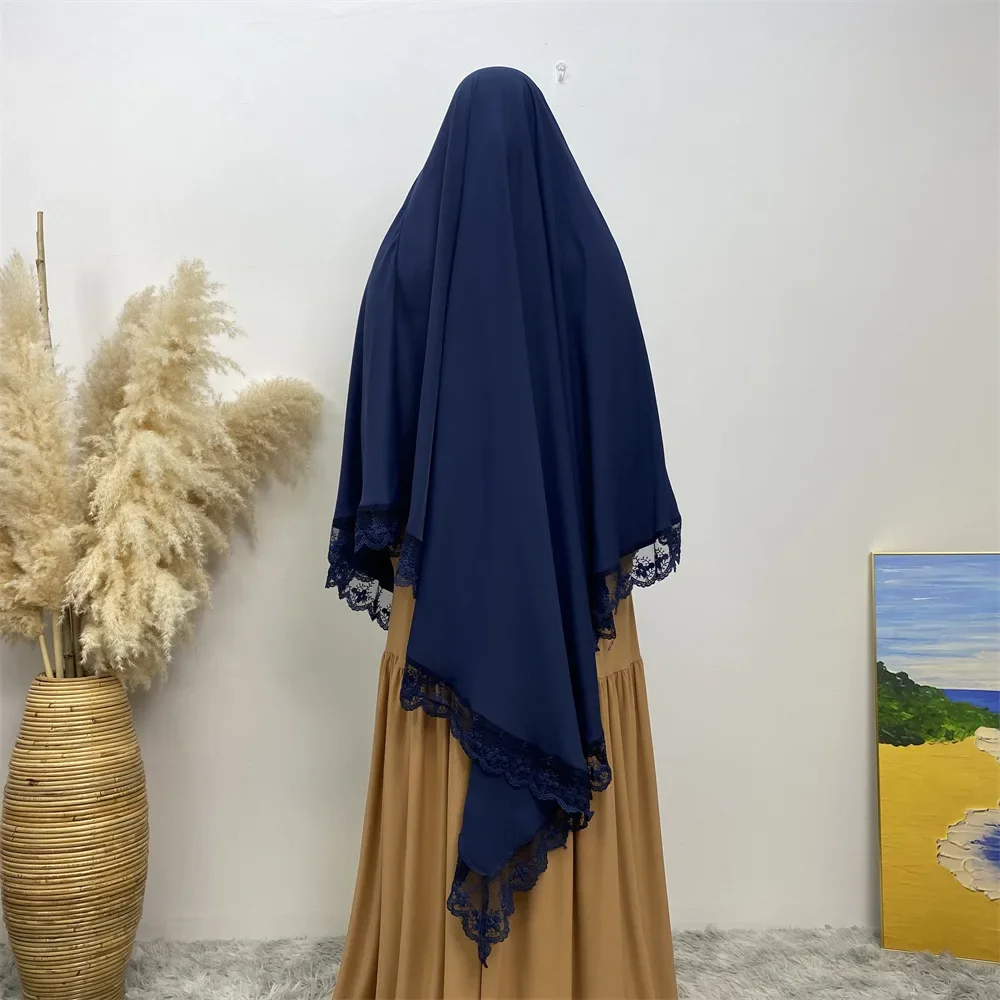 

Eid Muslim Women Lace Khimar Prayer Garment Overhead Niqab Dubai Abaya Turkey Abayas Long Scarf Hijab Islam Clothing Headscarf