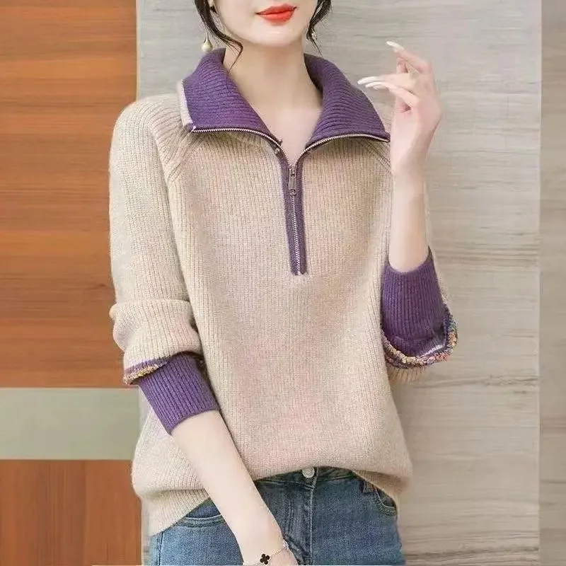 韓国風プルオーバージャケット レディース 2025年秋冬新作 ラペルジッパーセーターコート フェイクツーピースニットトップス インナーシャツ