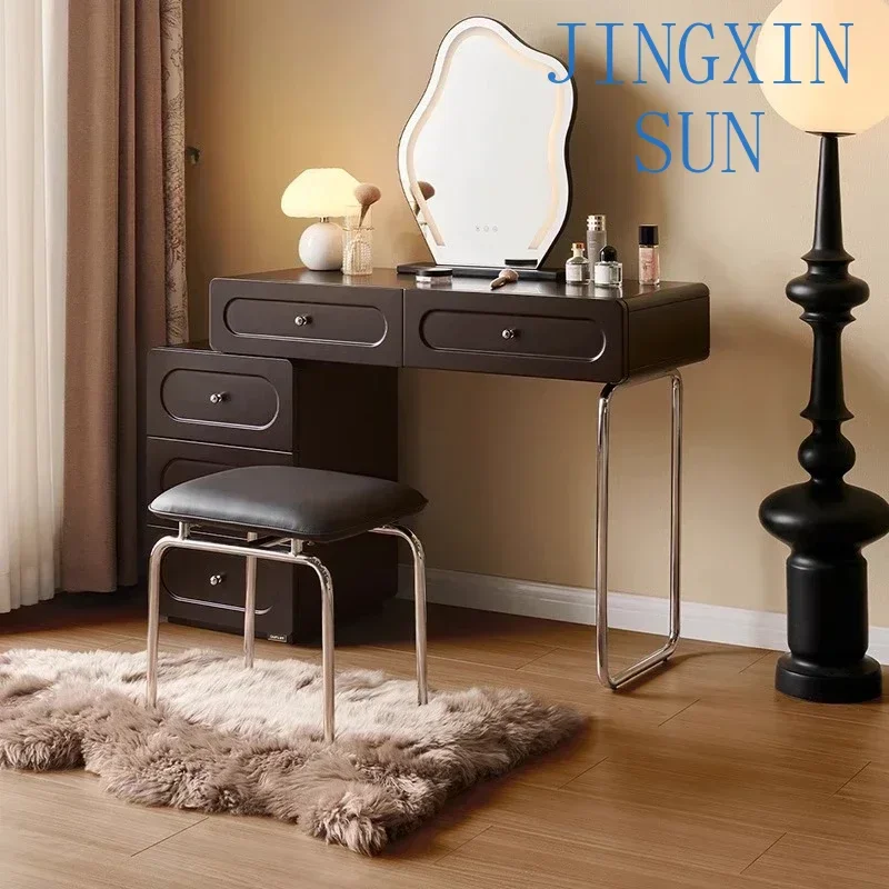 French Retro Dresser Chest Bedroom Internet Celebrity Makeup Table Vanity Desk With Light Mirror With Seat Dressing Table Black