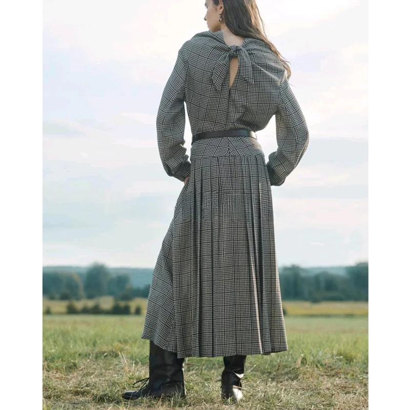 Inverno novo plus size feminino dr com cinto férias sle plissado em camadas bainha xadrez longo dr cintura alta poliéster longo sve