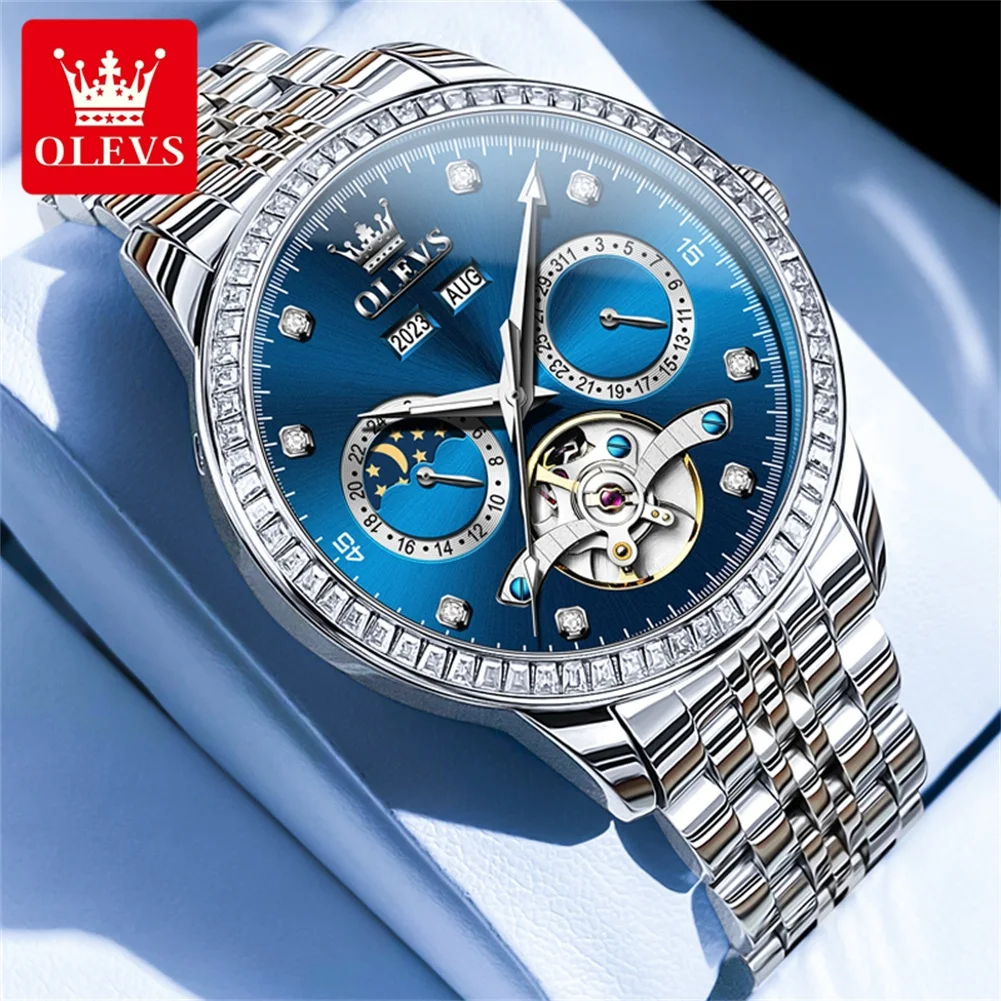 ساعات OLEVS للرجال من أفضل العلامات التجارية الفاخرة توربيون ساعة ميكانيكية للرجال من الفولاذ المقاوم للصدأ مقاومة للماء ساعة مرحلة القمر الماسية #2