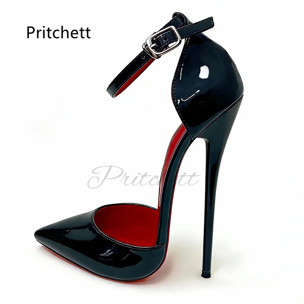 

16Cm Black Patent Leather Stiletto Pumps for Women Sexy Pointed Toe Thin High Heels Ankle Strap Side Hollow Party Show Shoes
