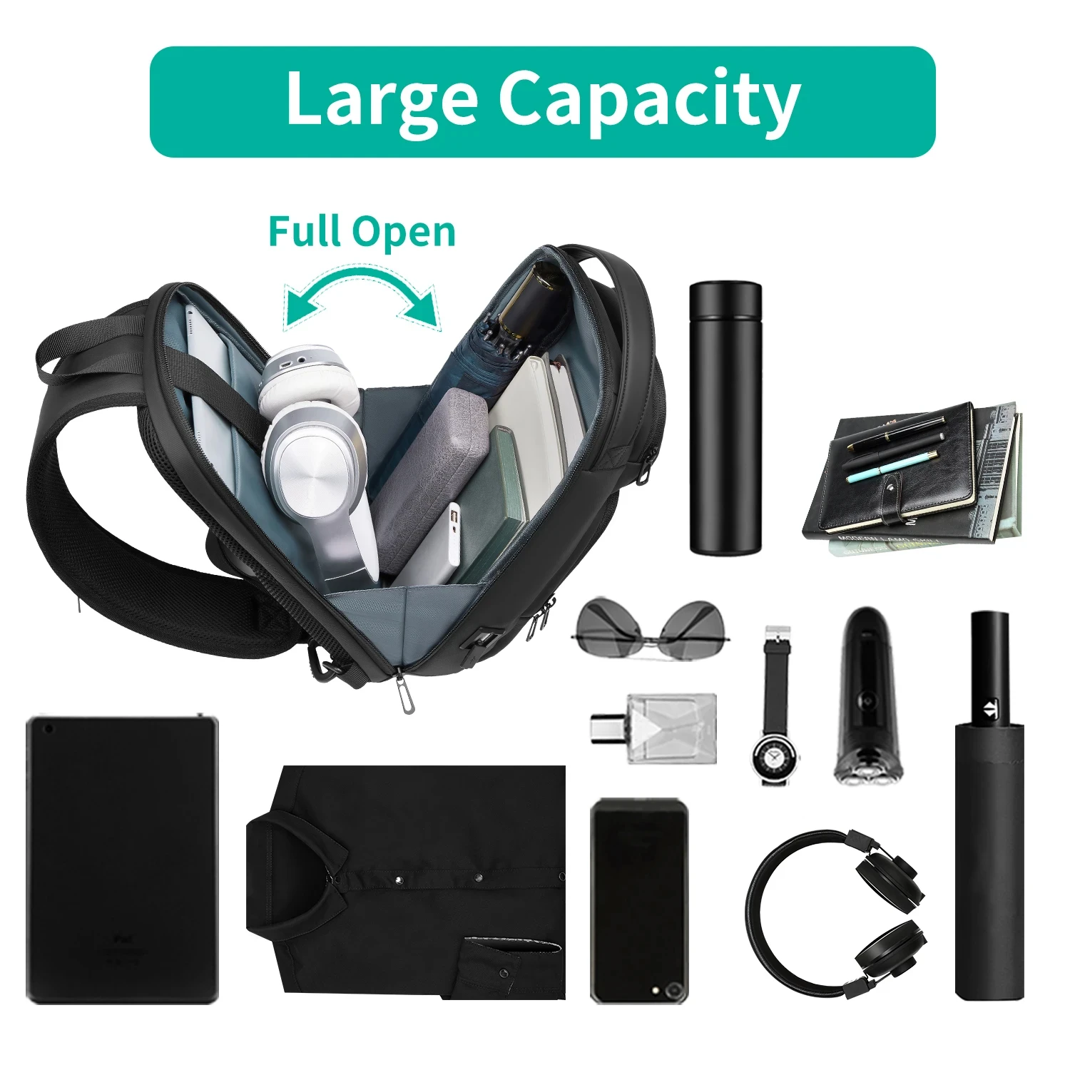 Men Waterproof Multifunction Crossbody Bag USB Charging 9.7