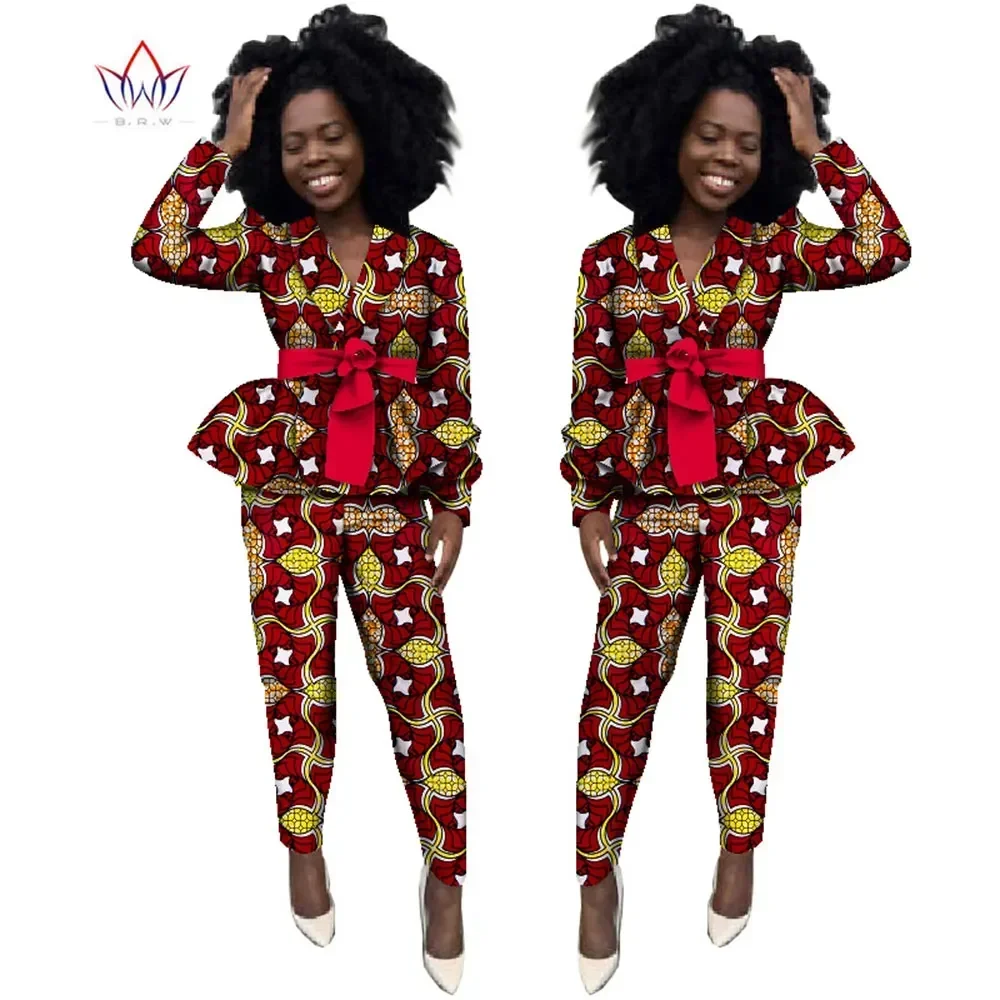 Bintarealwax Autumn African Women Pant Sets Dashiki Elegant Set for Women Pants & Crop Top Plus Size African Clothes WY1840