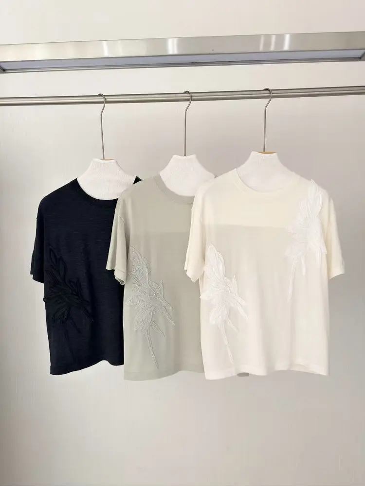 2026 Spring/Summer Embroidered Appliqué Short-Sleeve Knit Sweater Round Neck Pullover Silk Wool Versatile Top For Women