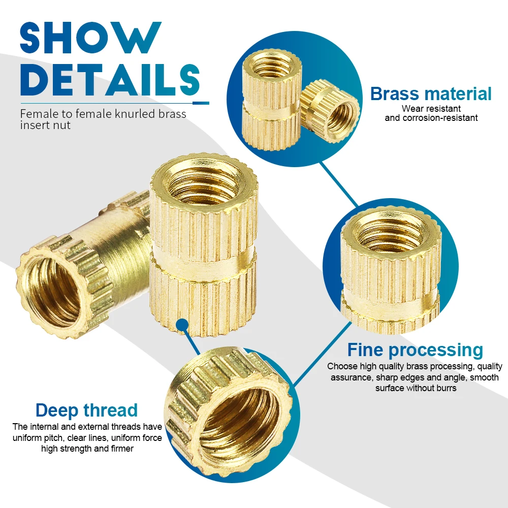 NINDEJIN 450/500pcs Brass Insert Nuts Kit Female Threaded Insert Set Knurled Nuts Assortment Kit