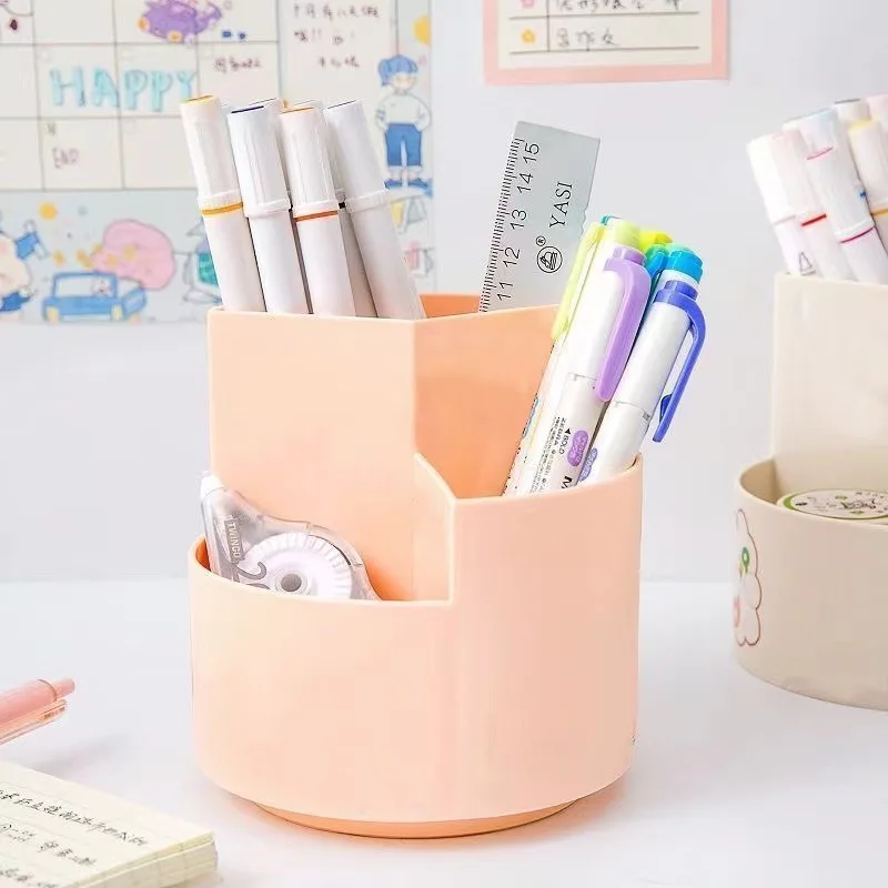 1pc Rotating Pen Holder, Office Student Desktop Pen Storage Box, Office Storage Three-hole Makeup Brush Box