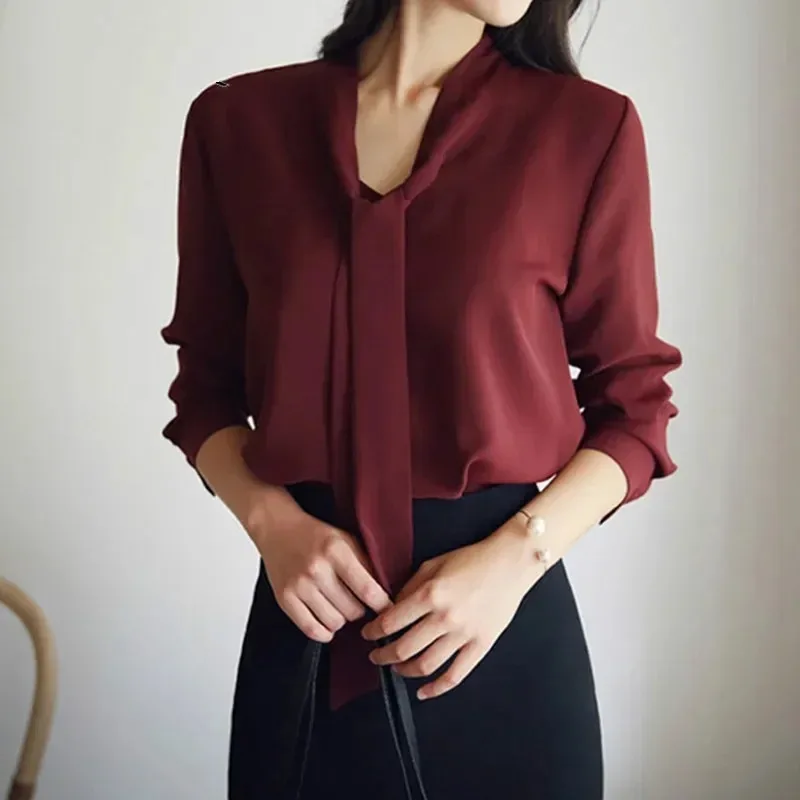 Casual Long Sleeve Bow Tie Shirt Fashion Women Clothing Spring Loose Chiffon Blouse Office Lady V-neck Tops Blusas Mujer 699C