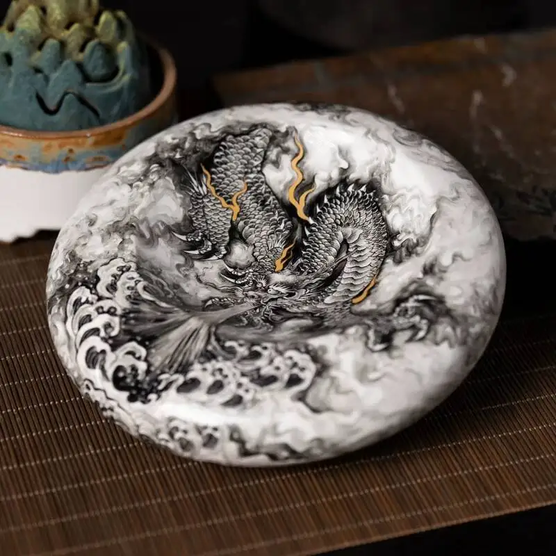 Holy Mountain Classy Pastel Hand-Painted Ink Color Dragon Spitting Cigar Cylinder Ashtray Tea Table Living Room Decoration