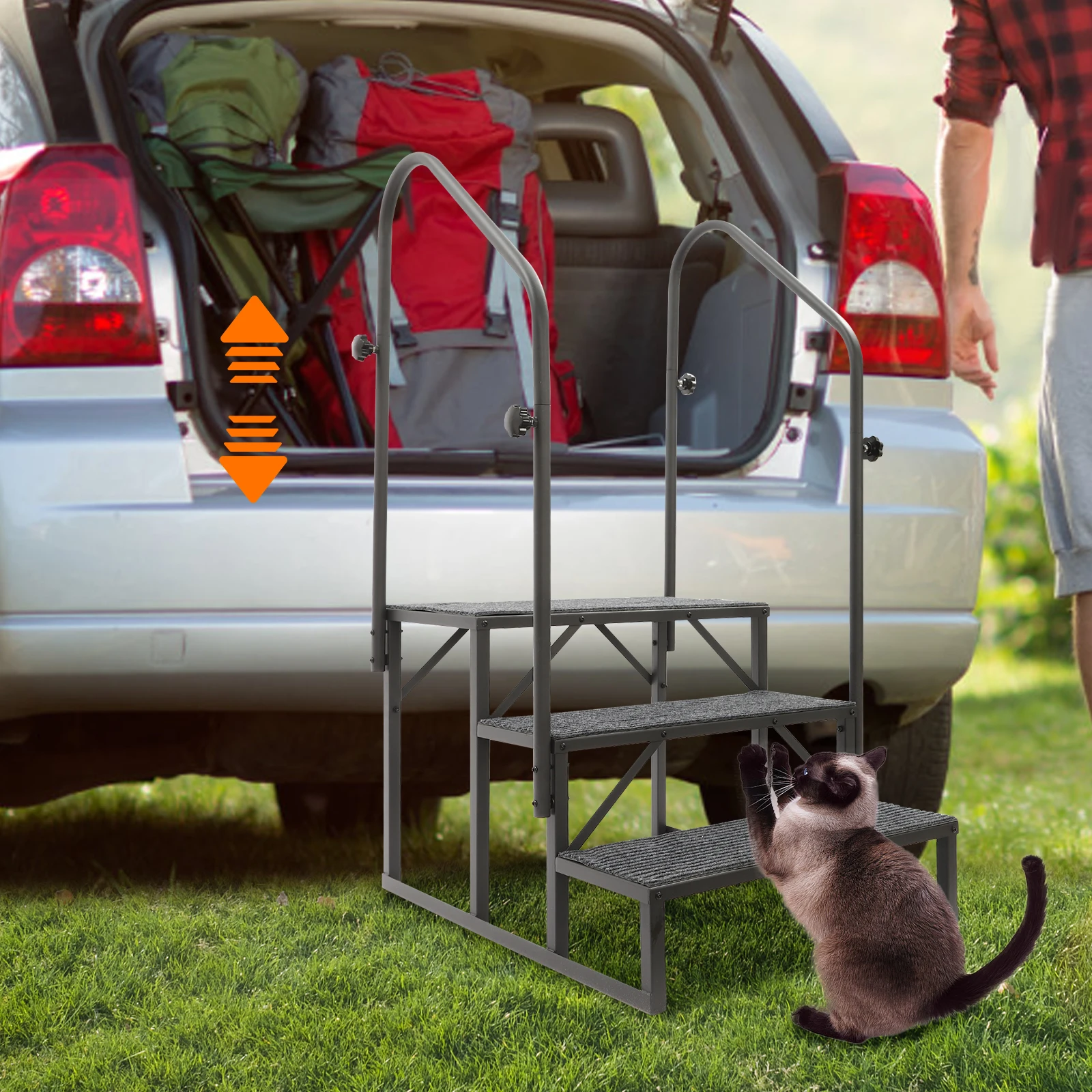 3-Step RV Step Ladder  RV Steps with Handrail 450Lbs Per Step Load Capacity 3-step Stairs Steps with Anti-slip Handrail