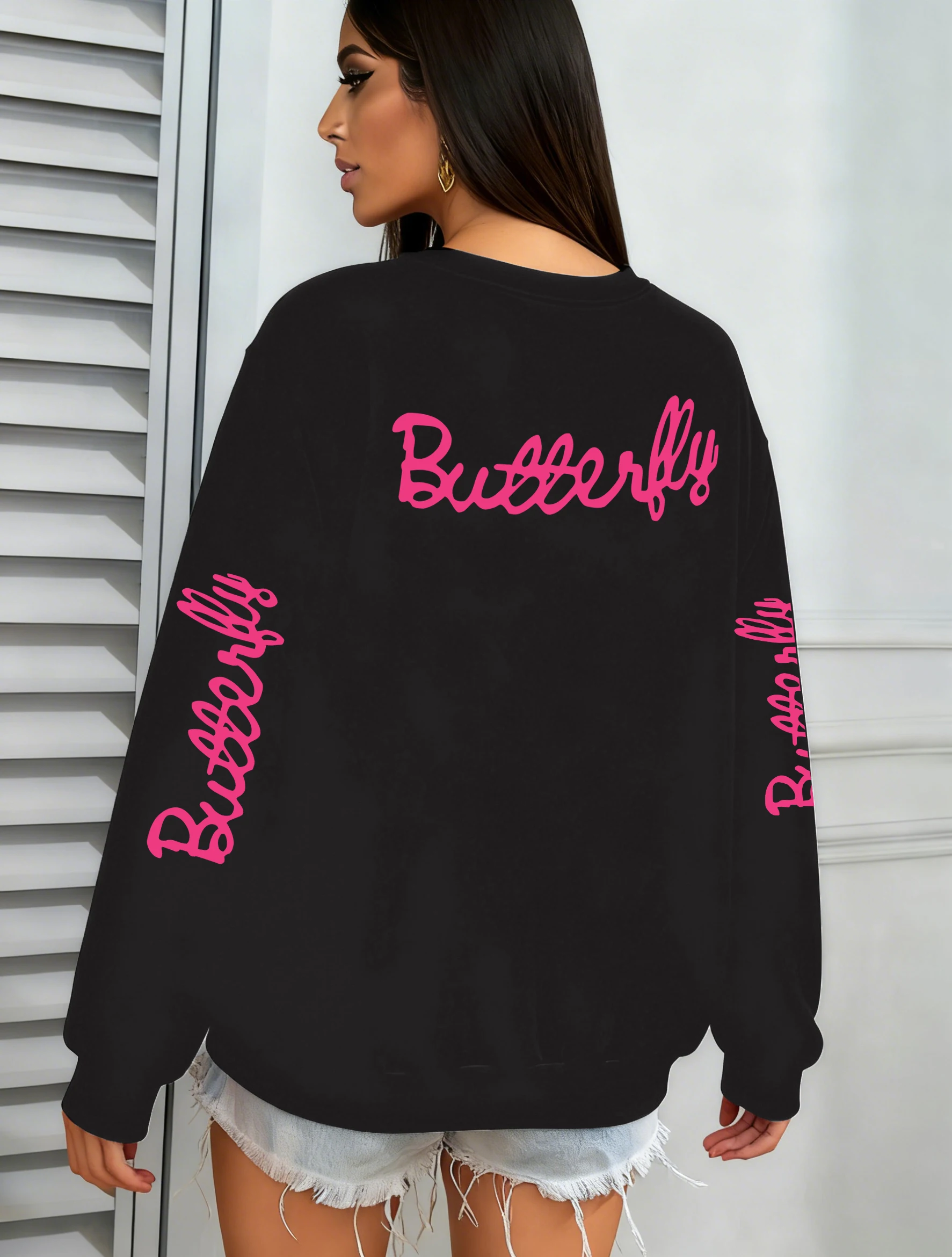 Różowa bluza damska z nadrukiem motyla, okrągły dekolt, luźny krój unisex, odzież codzienna, jesienna bluza do joggingu, polarowa odzież uliczna