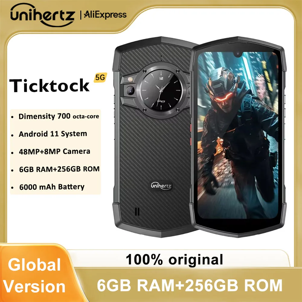 Unihertz Tick Tock Rugged Smartphone 5G 128/256GB Cellphone 6000mAh Android 6.5 inch Phone with Dual-Screen 48MP Camera IP68