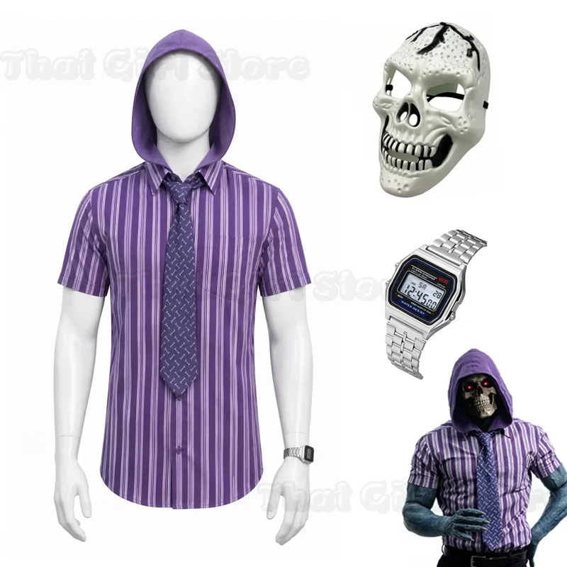 He-Man Skeletor Cosplay-Kostüm mit Maske, Kapuzenumhang, Hemd, Uhr, Krawatte, Alltagskleidung für Pendler, Arbeitskleidung, Herren-Halloween-Karnevalskostüm
