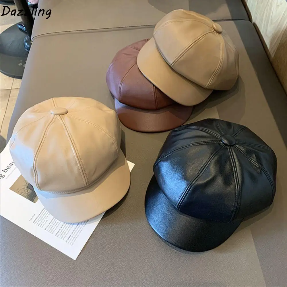 

Casual Y2K PU Beret British Korean Style Painter Hat Cotton Artist Hat Octagonal Cap Streetwear