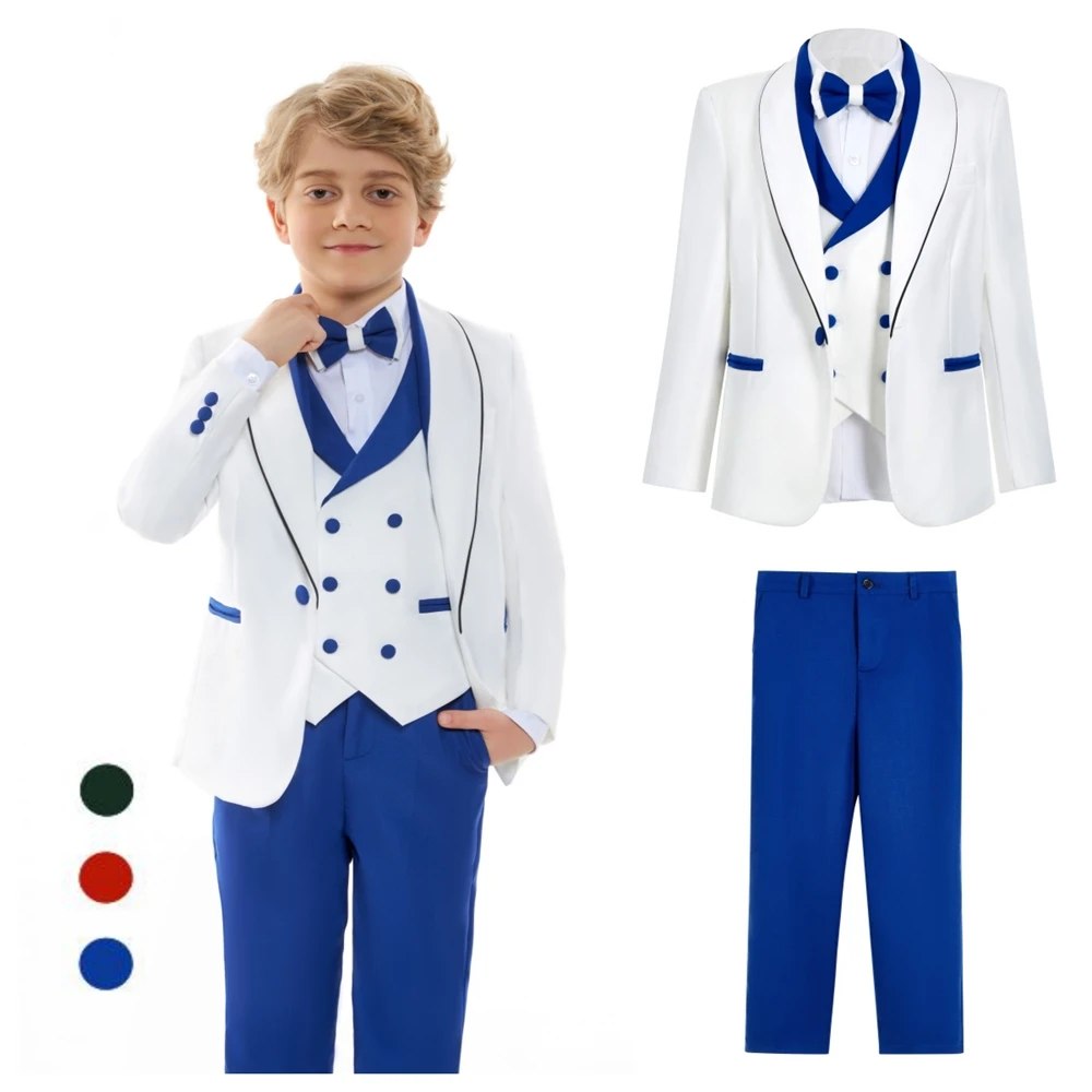 Popular Boys Wedding Suit Set, 4-Piece Formal Tuxedo Suits Jacket Vest Pants Bow-tie, Slim Fitting Suits for Kids 3-14Y