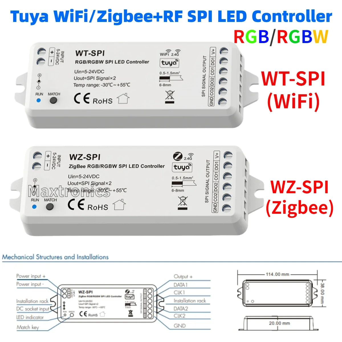 DC5V-24V Tuya WiFi WT-SPI/WZ-SPI Zigbee+RF SPI LED Controller for WS2811 Ws2812 Ws2815 SK6812 RGB/RGBW LED Strip Modules Light