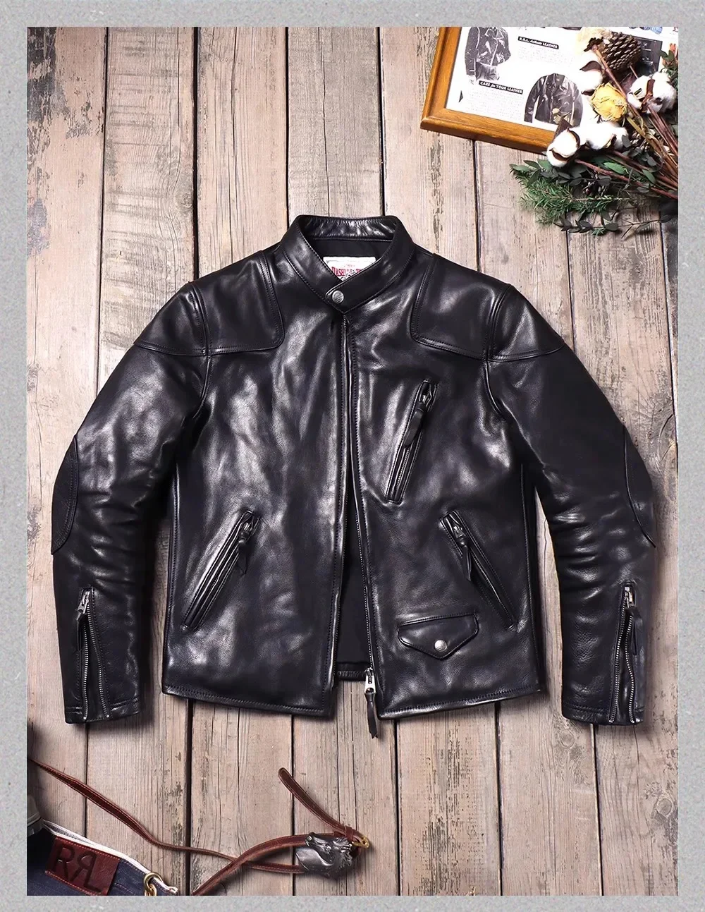 LNY Shop Best.Luxury natural tanned calfskin clothing.Classic moto Rider real leather jacket.Vintage slim fit cowhide jacket