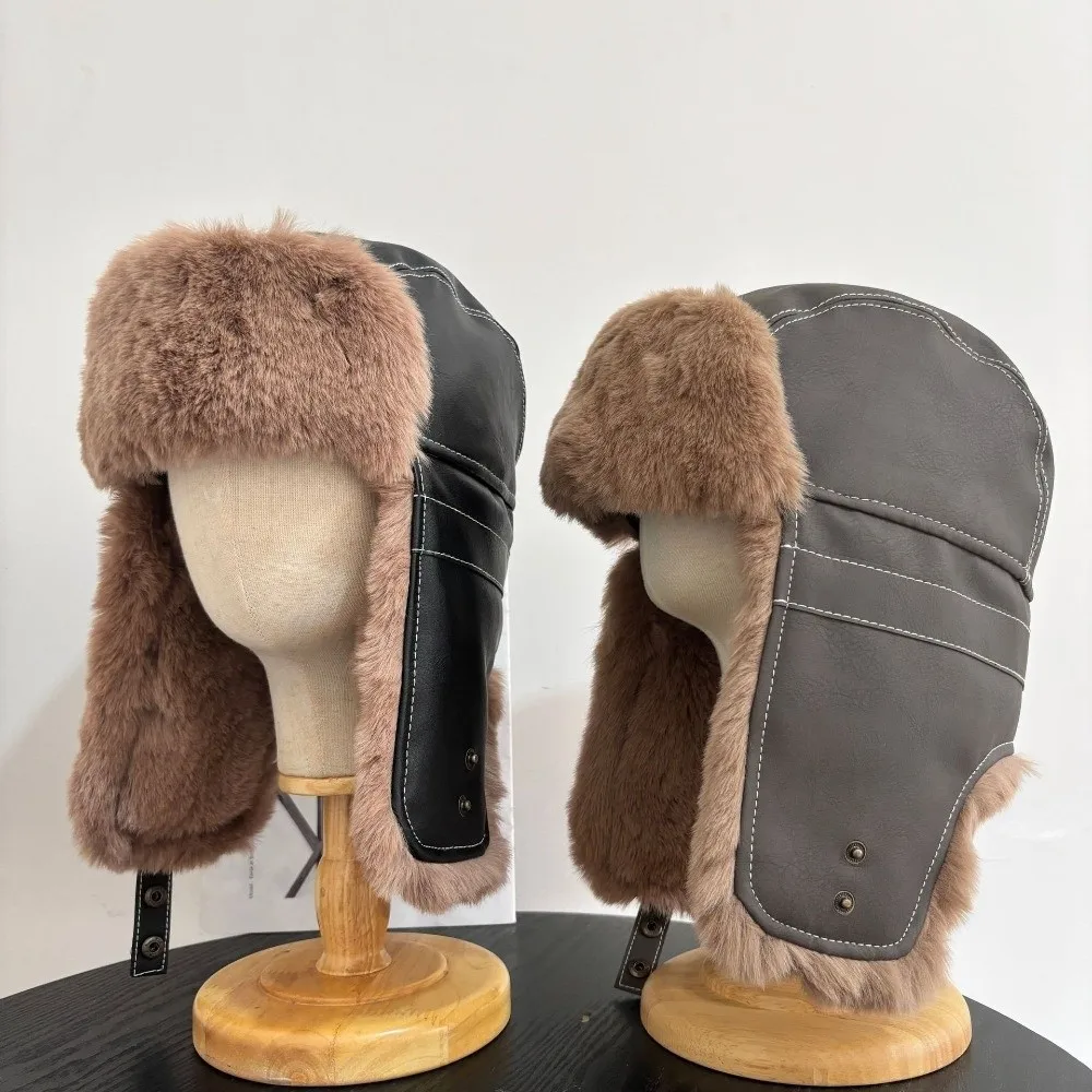 New Faux Fur Lining Trapper Hat Fastening Chin Strap Warm Earflap Hat Waterproof Bomber Hat Skiing