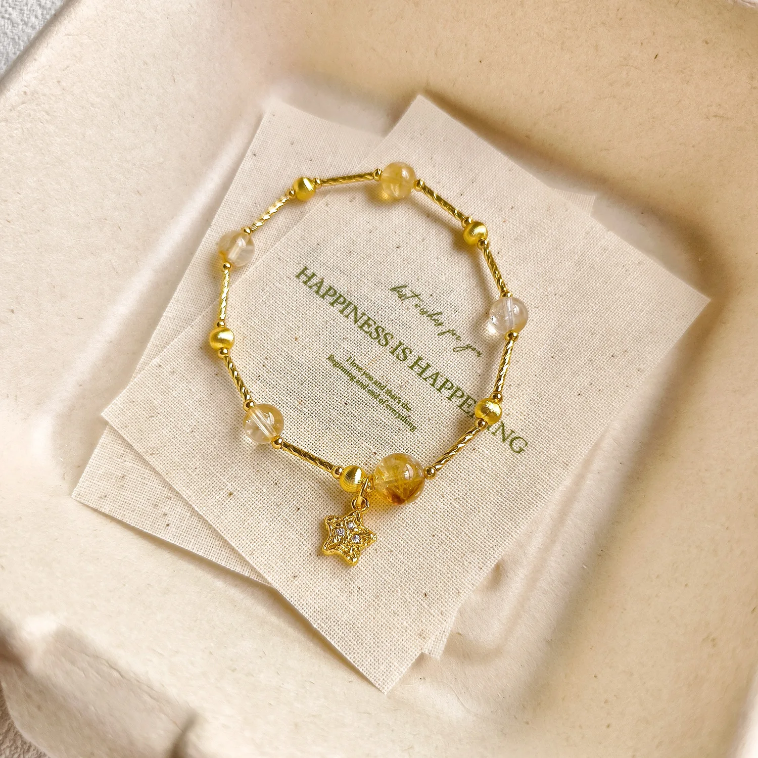 Sweet Yellow Crystal Beaded Stretch Bracelet Women Stackable Wristband with Star Charm Elegant Natural Stone Daily Hand Jewelry